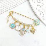 Blue Crystal Italian Horn Evil Eye Pin, Baby Pin, Gold Safety Pin, Baby Brooch, Stroller Pin, Baptism, Baby Shower, Christian, Cornicello