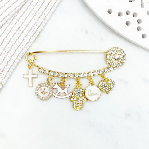 White Crystal Cross Evil Eye Pin, Baby Pin, Gold Safety Pin, Baby Brooch, Stroller Pin, Baptism, Baby Shower, Christian