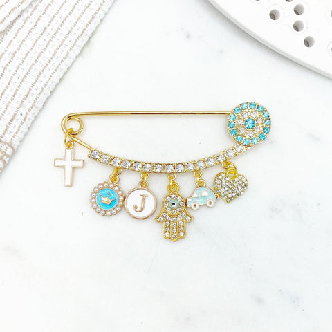 Blue Crystal Cross Evil Eye Pin, Baby Pin, Gold Safety Pin, Baby Brooch, Stroller Pin, Baptism, Baby Shower, Christian