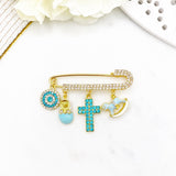 Gold Cross Pin, Evil Eye, Personalized Baby Pin Brooch, Filakto, Baby Shower Gift, Christening Baptism, Christian