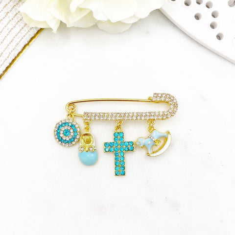 Gold Cross Pin, Evil Eye, Personalized Baby Pin Brooch, Filakto, Baby Shower Gift, Christening Baptism, Christian