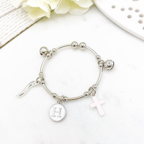 Childrens Baby Silver Charm Bangle, Italian Horn, Initial, Cross, Protection, Blessing, Baptism, Christening, Christian
