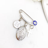 Personalised Initial Silver Evil Eye, Virgin Mary, Cross, Protection Baby Pin, Gold Safety Pin, Jewellery, Custom, Christian