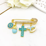 Gold Cross Pin, Evil Eye, Personalized Baby Pin Brooch, Filakto, Baby Shower Gift, Christening Baptism, Christian