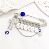 Personalised Cross Evil Eye Pin, Hamsa Hand Baby Pin, Silver Safety Pin,Brooch, Stroller Pin, Baptism, Baby Shower, Christian, Protection