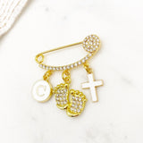 Crystal Mini Cross Initial Footprint Pin, Protection Baby Pin, Gold Safety Charm Pin, Christening, Shower, Christian, Baptism Pin, Orthodox