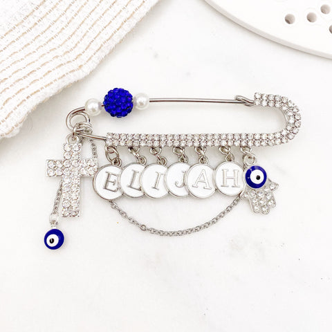 Personalised Cross Evil Eye Pin, Hamsa Hand Baby Pin, Silver Safety Pin,Brooch, Stroller Pin, Baptism, Baby Shower, Christian, Protection