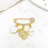 Crystal Mini Cross Initial Footprint Pin, Protection Baby Pin, Gold Safety Charm Pin, Christening, Shower, Christian, Baptism Pin, Orthodox