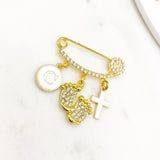 Crystal Mini Cross Initial Footprint Pin, Protection Baby Pin, Gold Safety Charm Pin, Christening, Shower, Christian, Baptism Pin, Orthodox