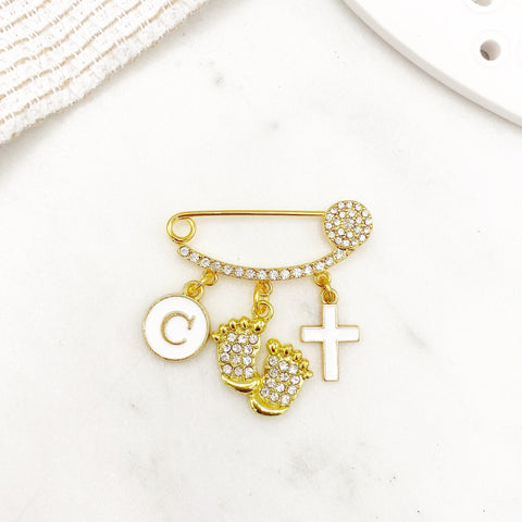 Crystal Mini Cross Initial Footprint Pin, Protection Baby Pin, Gold Safety Charm Pin, Christening, Shower, Christian, Baptism Pin, Orthodox