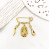 Crystal Mini Pin with Virgin Mary, Italian Horn, Mano Cornuto, Protection, Cornicello, Gold Safety Pin, Jewellery, Custom, Christian, Charm
