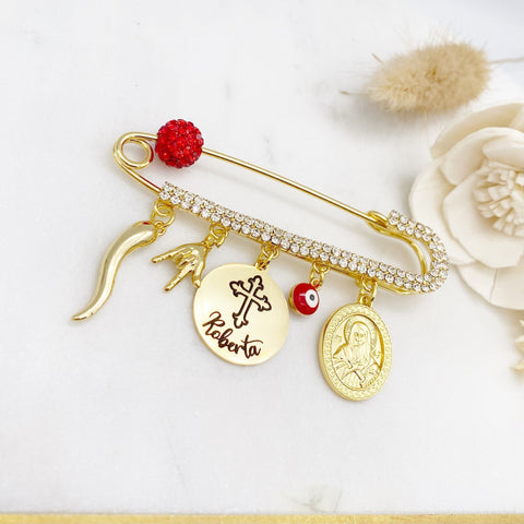 Personalised Name Cross Evil Eye Pin Baby Pin with Virgin Mary, Italian Horn, Portafortuna Italian, Mano Cornuto Gold Safety Pin, Amulets