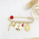 Personalised Name Cross Evil Eye Pin Baby Pin with Virgin Mary, Italian Horn, Portafortuna Italian, Mano Cornuto Gold Safety Pin, Amulets