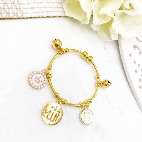 Childrens Personalised Gold Baby Allah Charm Bangle - Protection, Blessing, Nazar, Muslim, Islamic, Initial