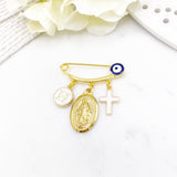 Personalised Initial Gold Evil Eye, Virgin Mary, Cross, Protection Baby Pin, Gold Safety Pin, Jewellery, Custom, Christian