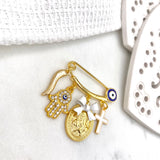 Evil Eye, Virgin Mary, Cross, Italian Horn, Hamsa Hand Protection Baby Pin, Gold Safety Pin, Jewellery, Custom, Christian