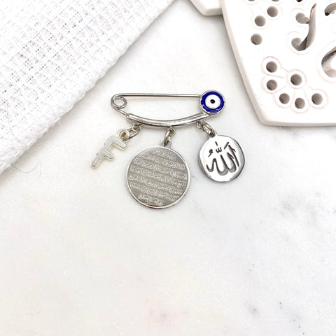 Silver Evil Eye Royal Blue Personalised Initial Ayatul Kursi & Allah Mini Pin