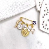 Evil Eye, Virgin Mary, Cross, Italian Horn, Intial Protection Baby Pin, Gold Safety Pin, Jewellery, Custom, Christian