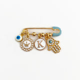 Personalised Pink Mini Evil Eye Baby Clothing Pin, Hamsa Hand, Flower, Letter