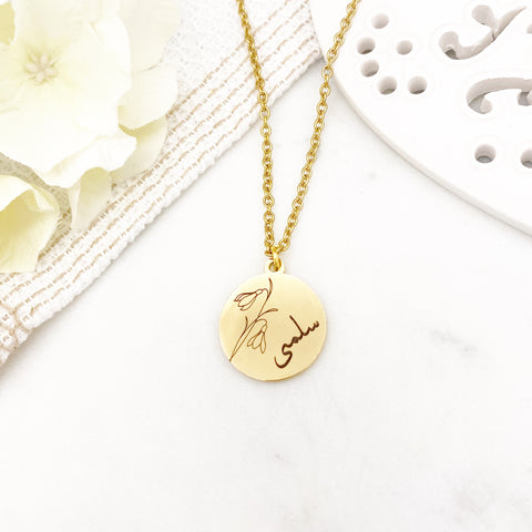 Adult, Childrens, Personalised Arabic Name Birth Month Flower Gold Engraved Necklace, Birthday, Gift for Her, Mothers Day, Eid, Sister