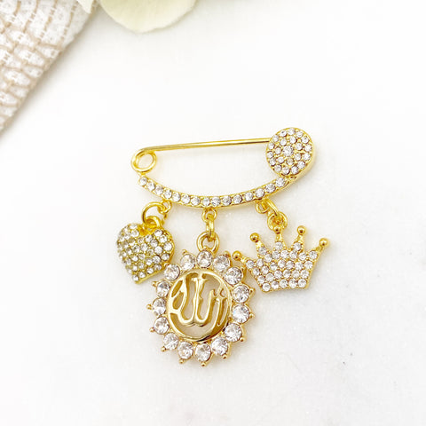 Gold Mini Crystal Diamante Allah, Evil Eye Baby Clothing Pin, Crown, Heart, Neutral, Unisex, Gender Neutral