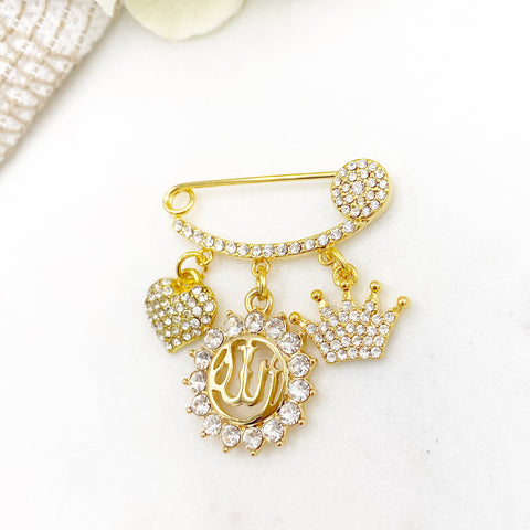 Gold Mini Crystal Diamante Allah, Evil Eye Baby Clothing Pin, Crown, Heart, Neutral, Unisex, Gender Neutral