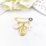 Personalised Initial Gold Evil Eye, Virgin Mary, Cross, Protection Baby Pin, Gold Safety Pin, Jewellery, Custom, Christian