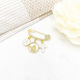 Crystal Mini Pin with Guardian Angel, Cross, Initial, Crown, Protection Baby Pin, Gold Safety Pin, Christening, Baby Shower, Christian