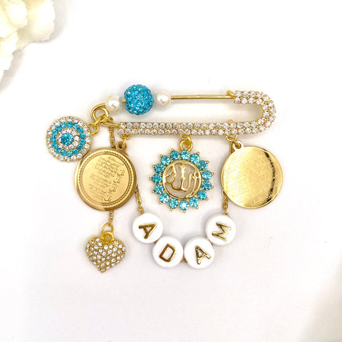Blue Crystal Personalised Name Diamante Personalised Ayatul Kursi, 4 Qul, Allah Evil Eye Midi Pin - Muslim, Islamic