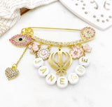 Personalised Gold Evil Eye Name Khanda Baby Stroller Pin, Baby Gift, New Baby, Birthday, Wedding Gift, Sikh, Diwali, Protection, Vaisakhi