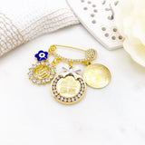 Crystal Diamante Personalised 4 Qul, Ayatul Kursi & Crystal Evil Eye Flower Allah Mini Pin - Clothing, Wearable, Gender Neutral, Baby Girl
