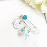 Evil Eye Cross, Hamsa Hand, Italian Horn, Initial Protection Baby Pin, Silver Safety Pin, Jewellery, Christian, Cornicello, Baby Shower