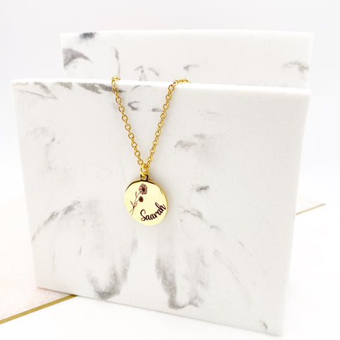Adult, Childrens, Personalised Name Birth Month Flower Gold Engraved Necklace, Birthday, Gift for Her, Mothers Day, Diwali, Eid, Christmas