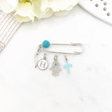 Evil Eye Cross, Hamsa Hand, Italian Horn, Initial Protection Baby Pin, Silver Safety Pin, Jewellery, Christian, Cornicello, Baby Shower