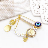 Large Personalised Diamante Evil Eye, Allah, Ayatul Kursi & 4 Qul, Hamsa Handname Stroller Pin