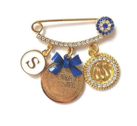 Eye Baby Royal Blue Diamante Personalised Initial Ayatul Kursi & Allah Mini Pin