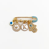 Personalised Blue Mini Evil Eye Baby Clothing Pin, Hamsa Hand, Flower, Letter