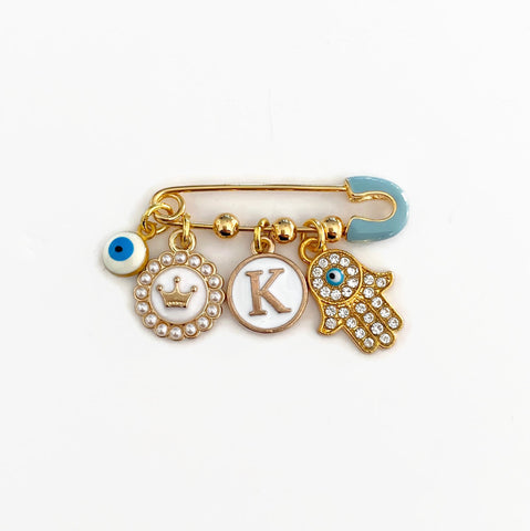 Personalised Blue Mini Evil Eye Baby Clothing Pin, Hamsa Hand, Flower, Letter