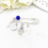 Evil Eye Cross, Hamsa Hand, Italian Horn, Initial Protection Baby Pin, Silver Safety Pin, Jewellery, Christian, Cornicello, Baby Shower