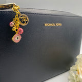 Exclusive Gold Crystal Pink Om, Evil Eye Shaped Bag Charm, Aum, Hindu