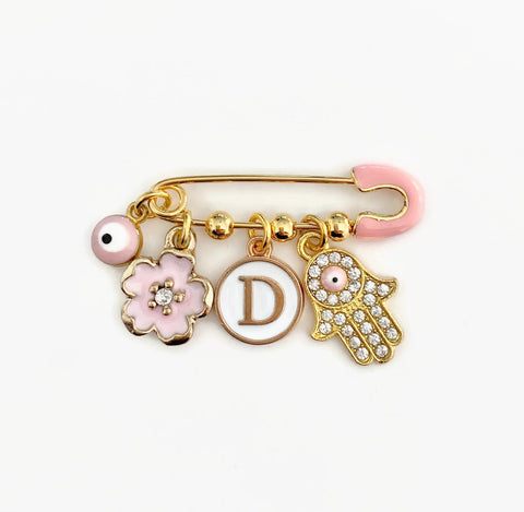 Personalised Pink Mini Evil Eye Baby Clothing Pin, Hamsa Hand, Flower, Letter