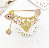 Personalised Gold Evil Eye Name Khanda Baby Stroller Pin, Baby Gift, New Baby, Birthday, Wedding Gift, Sikh, Diwali, Protection, Vaisakhi
