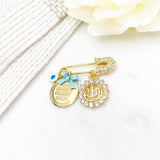 Diamanté Mini Blue Allah & Wan Yakad Evil Eye Baby Clothing Pin - Neutral, Unisex, Wa In Yakad