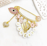 Personalised Gold Evil Eye Name Khanda Baby Stroller Pin, Baby Gift, New Baby, Birthday, Wedding Gift, Sikh, Diwali, Protection, Vaisakhi