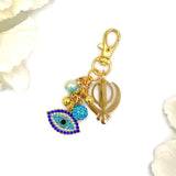 Exclusive Gold Crystal Blue Khanda, Evil Eye Shaped Bag Charm, Sikh, Keyring, Keychain