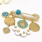 Blue Crystal Personalised Name Diamante Personalised Ayatul Kursi, 4 Qul, Allah Evil Eye Midi Pin - Muslim, Islamic