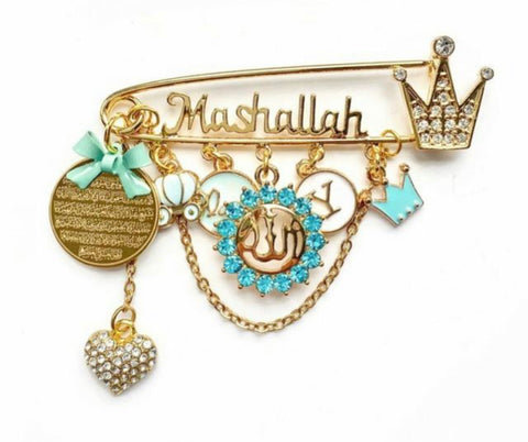Mashallah Blue Personalised Diamante Initial Ayatul Kursi Allah Baby Pin, Masallah, Masha Allah, Evil Eye, Brooch, Safety Pin