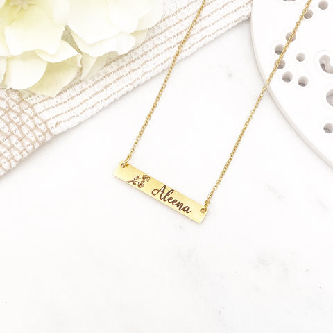 Adult Childrens Personalised Name Birth Month Flower Gold Engraved Bar Necklace, Birthday, Gift for Her, Mothers Day, Diwali, Eid, Christmas
