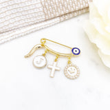 Evil Eye Cross, Italian Horn, Initial Protection Baby Pin, Gold Safety Pin, Jewellery, Custom, Christian, Cornicello, Baby Shower, Baptism