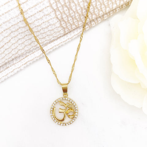 Gold Diamante Om Necklace, Pendant, Gift For Her, Baby Gift, New Baby, Birthday, Wedding Gift, Hindu, Aum, Diwali, Protection